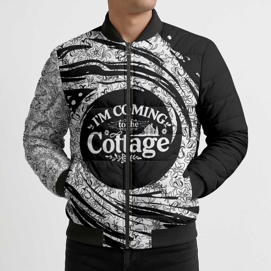 I'm Coming to the Cottage Bomber Puffer Jacket with Hand-Drawn Floral Pattern