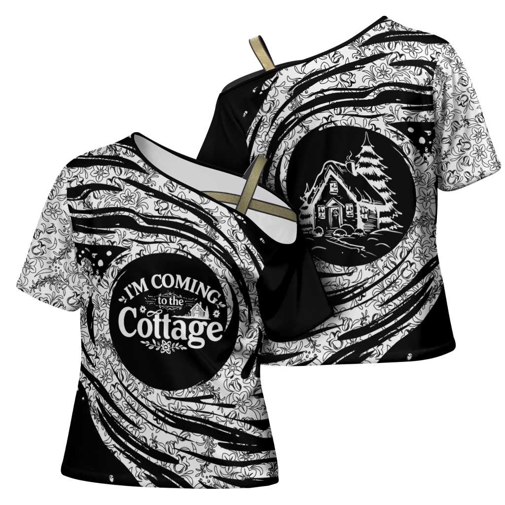 I'm Coming to the Cottage Cross Shoulder Shirt with Hand-Drawn Floral Pattern