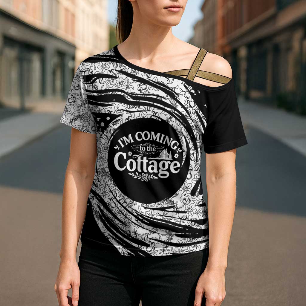 I'm Coming to the Cottage Cross Shoulder Shirt with Hand-Drawn Floral Pattern
