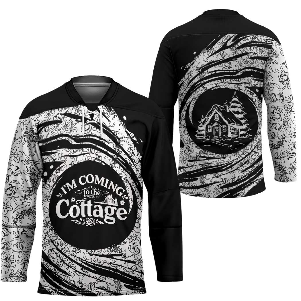 I'm Coming to the Cottage Hockey Jersey with Hand-Drawn Floral Pattern
