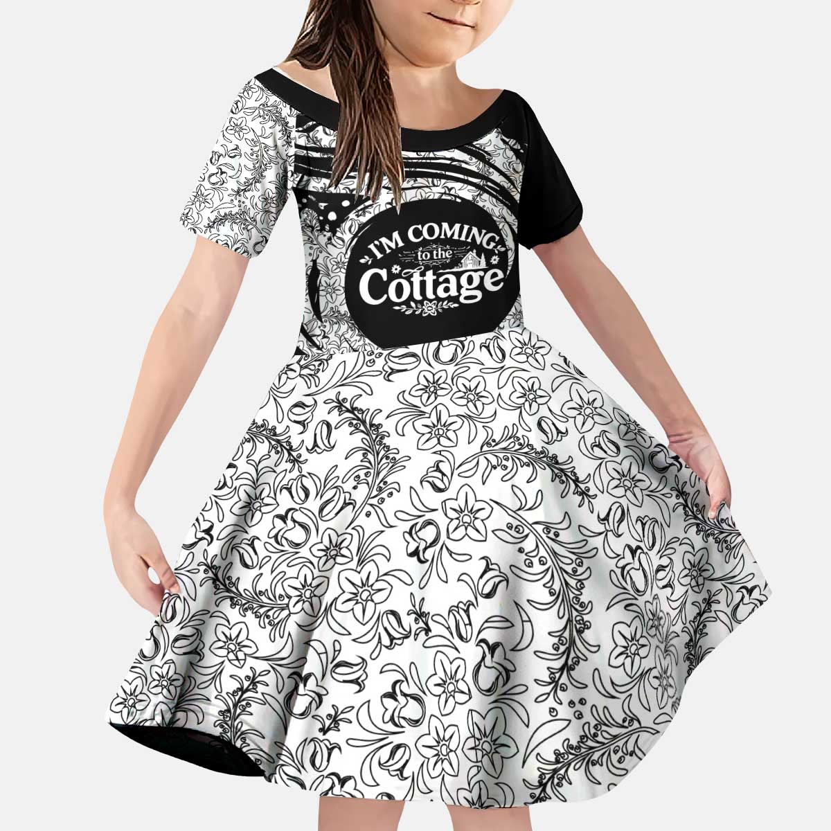 I'm Coming to the Cottage Kid Short Sleeve Dress with Hand-Drawn Floral Pattern