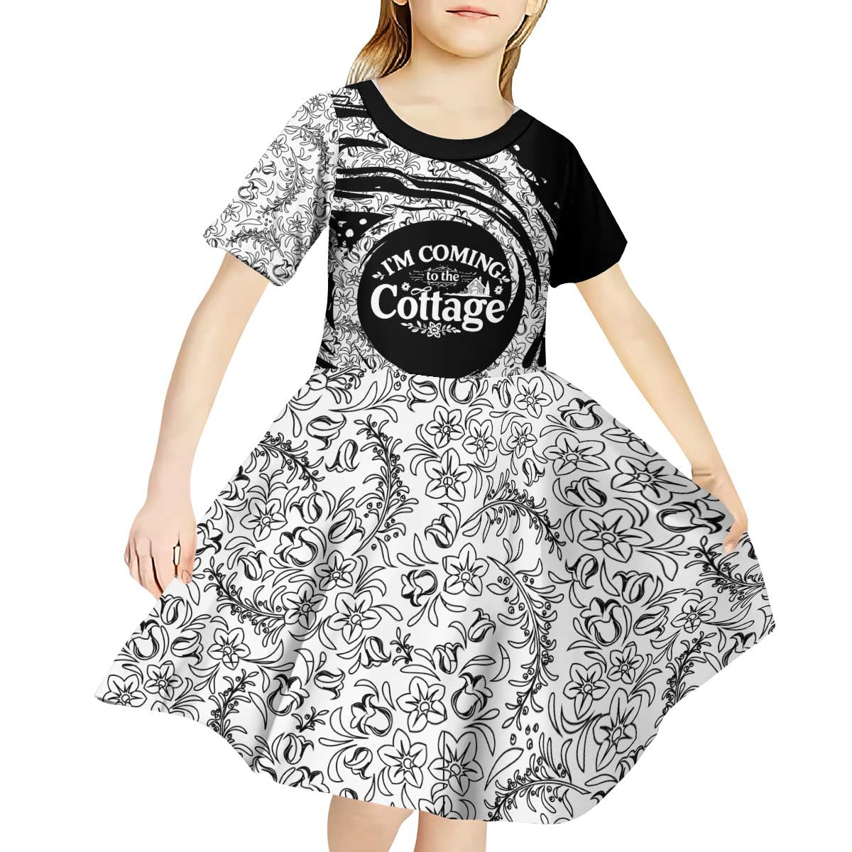I'm Coming to the Cottage Kid Short Sleeve Dress with Hand-Drawn Floral Pattern