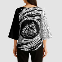 I'm Coming to the Cottage Kimono Sleeve Blouse with Hand-Drawn Floral Pattern