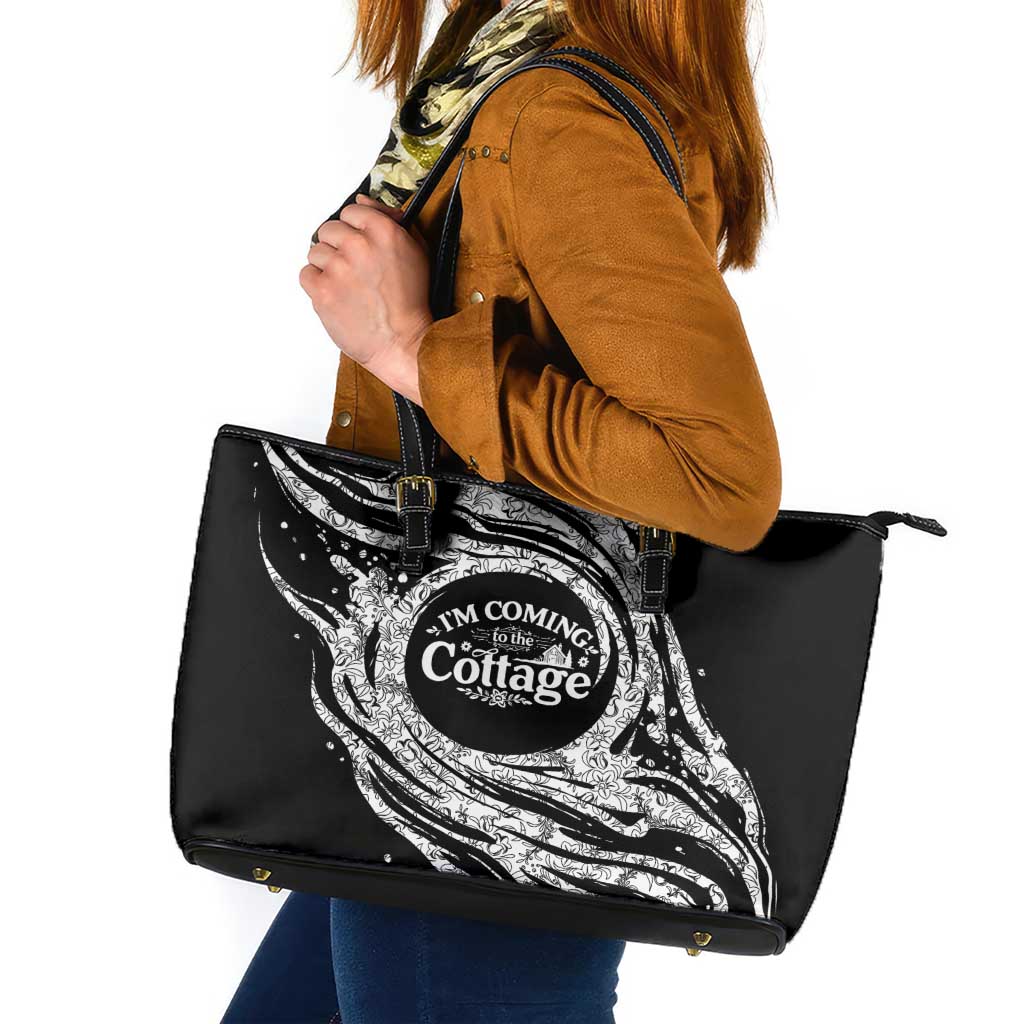 I'm Coming to the Cottage Leather Tote Bag with Hand-Drawn Floral Pattern