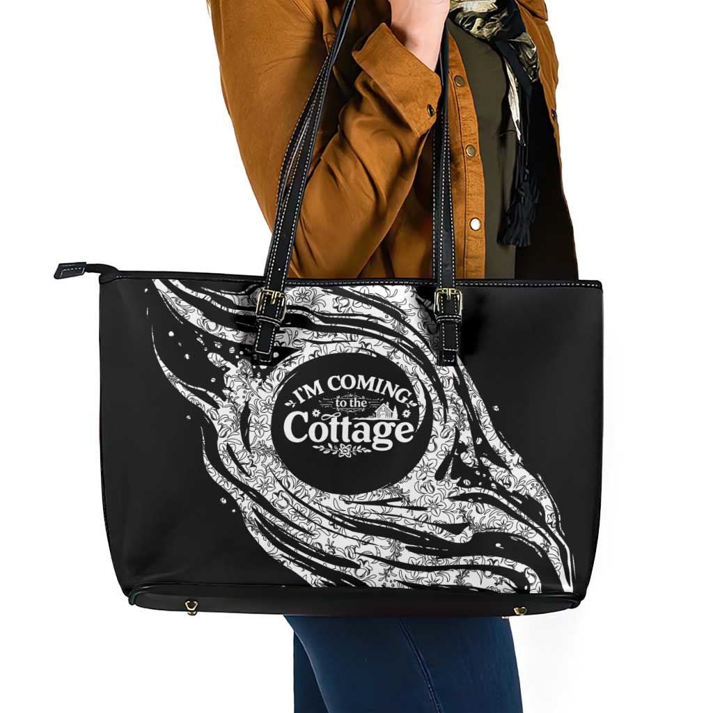 I'm Coming to the Cottage Leather Tote Bag with Hand-Drawn Floral Pattern