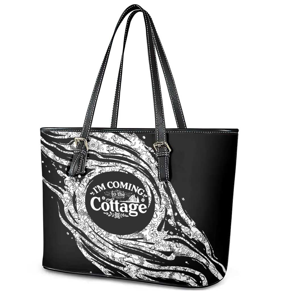 I'm Coming to the Cottage Leather Tote Bag with Hand-Drawn Floral Pattern