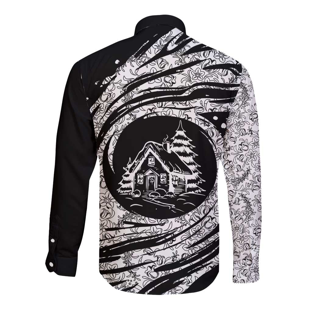 I'm Coming to the Cottage Long Sleeve Button Shirt with Hand-Drawn Floral Pattern