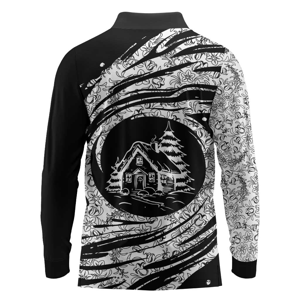 I'm Coming to the Cottage Long Sleeve Polo Shirt with Hand-Drawn Floral Pattern