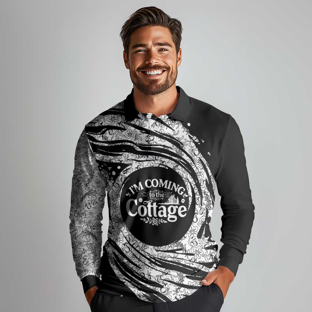 I'm Coming to the Cottage Long Sleeve Polo Shirt with Hand-Drawn Floral Pattern