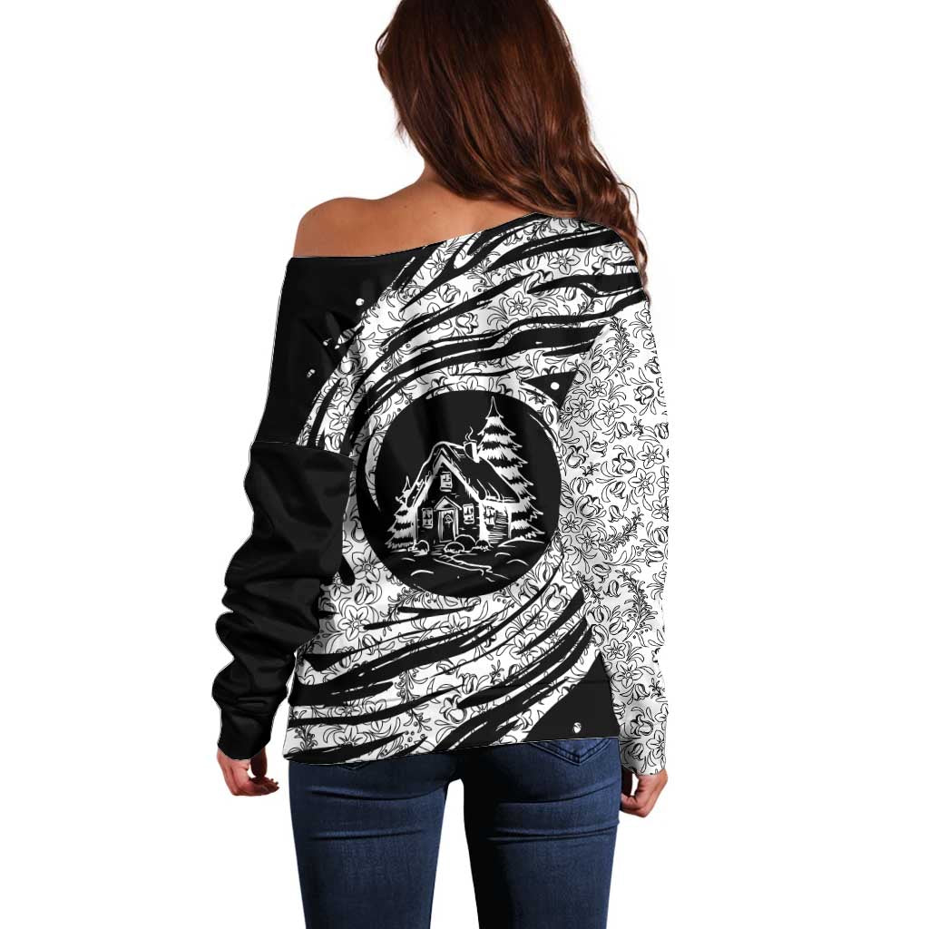 I'm Coming to the Cottage Off Shoulder Sweater with Hand-Drawn Floral Pattern