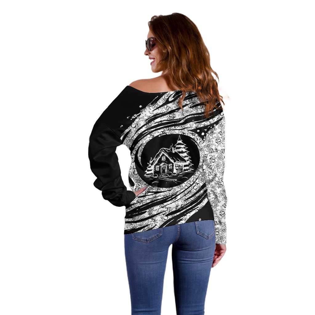 I'm Coming to the Cottage Off Shoulder Sweater with Hand-Drawn Floral Pattern