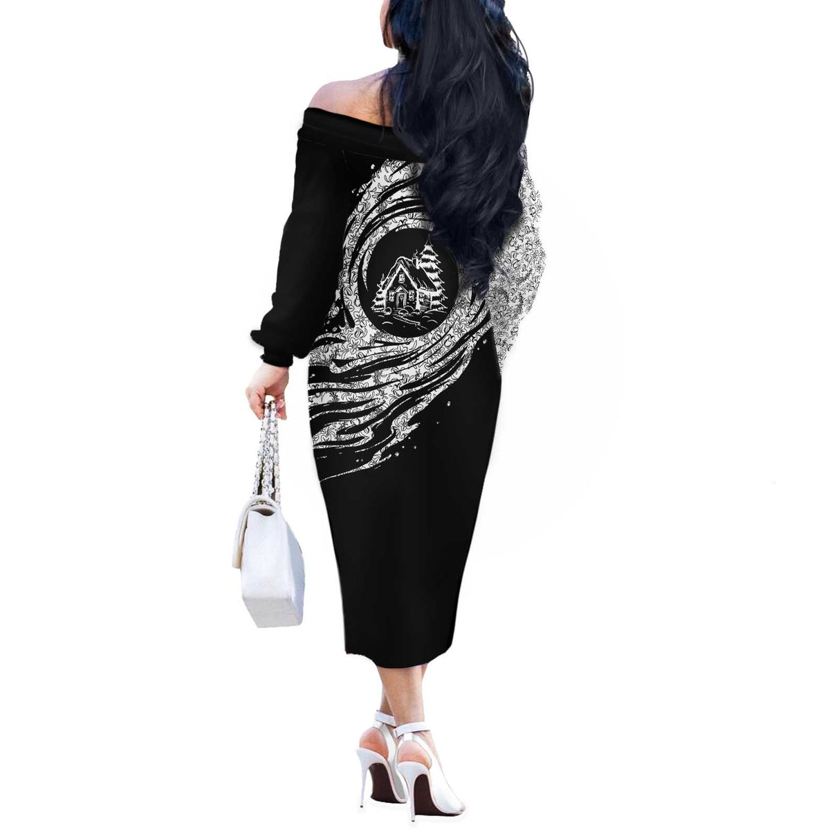 I'm Coming to the Cottage Off The Shoulder Long Sleeve Dress with Hand-Drawn Floral Pattern