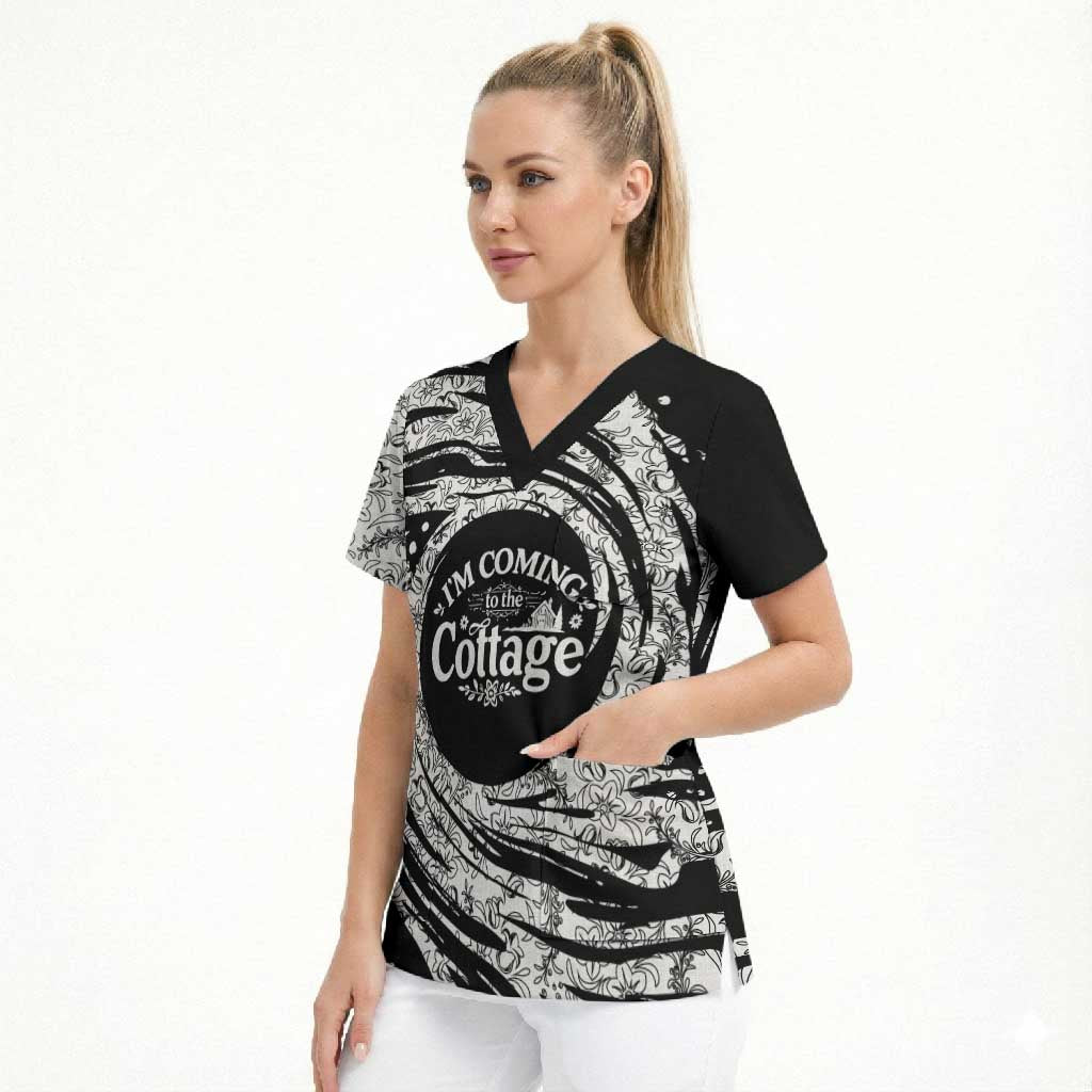I'm Coming to the Cottage Scrub Top with Hand-Drawn Floral Pattern