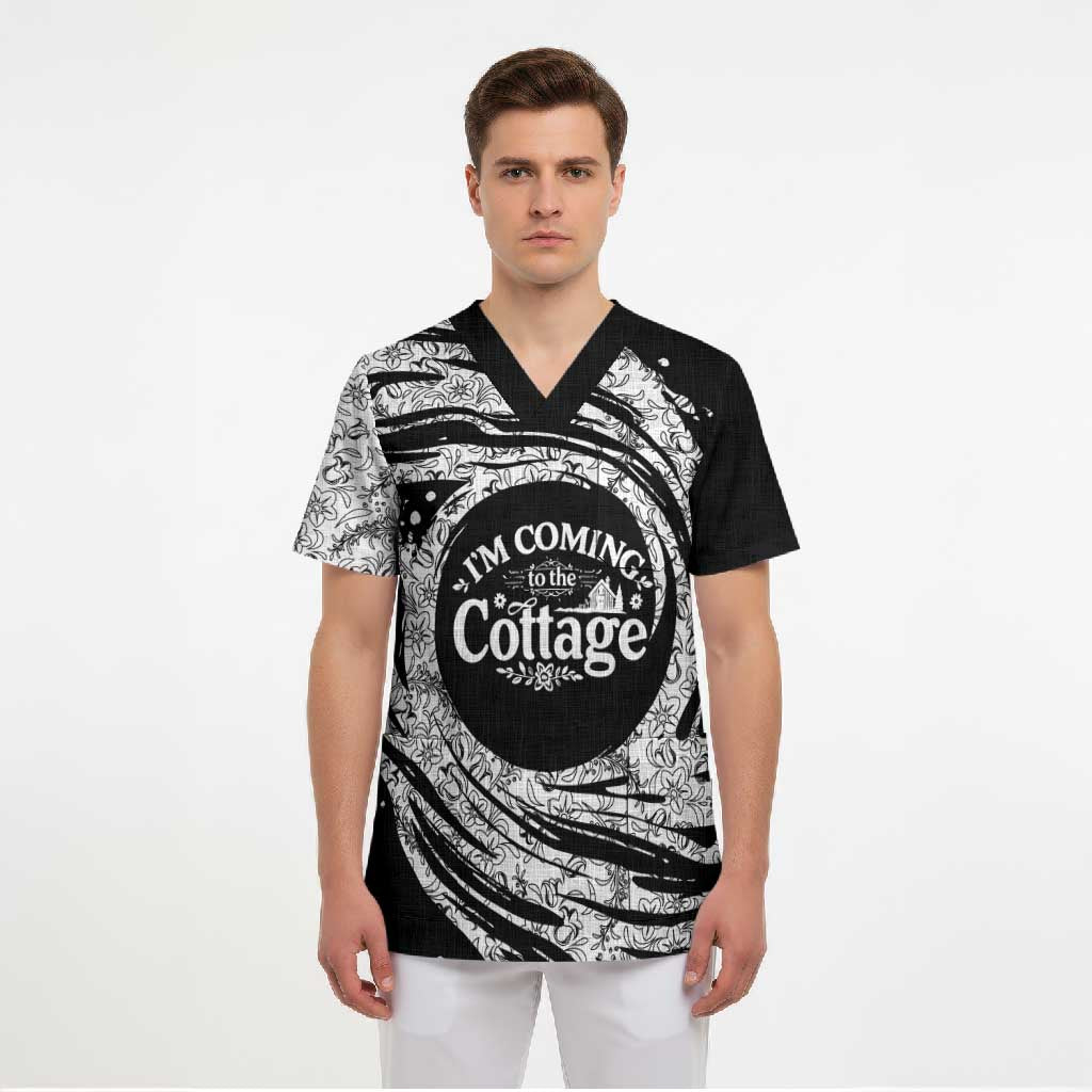 I'm Coming to the Cottage Scrub Top with Hand-Drawn Floral Pattern