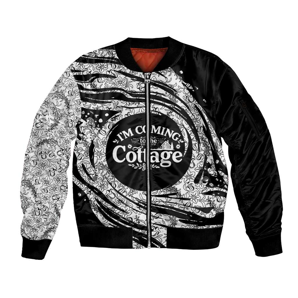 I'm Coming to the Cottage Sleeve Zip Bomber Jacket with Hand-Drawn Floral Pattern