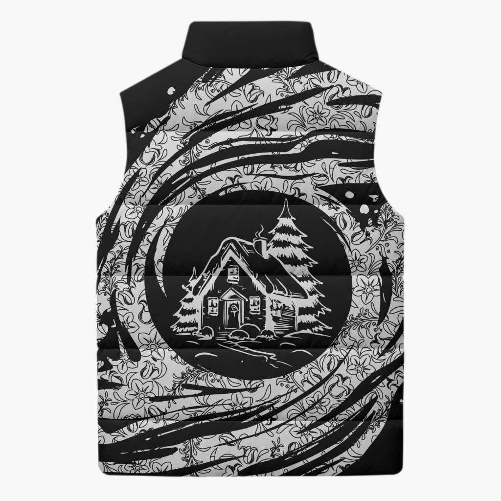 I'm Coming to the Cottage Sleeveless Puffer Jacket with Hand-Drawn Floral Pattern