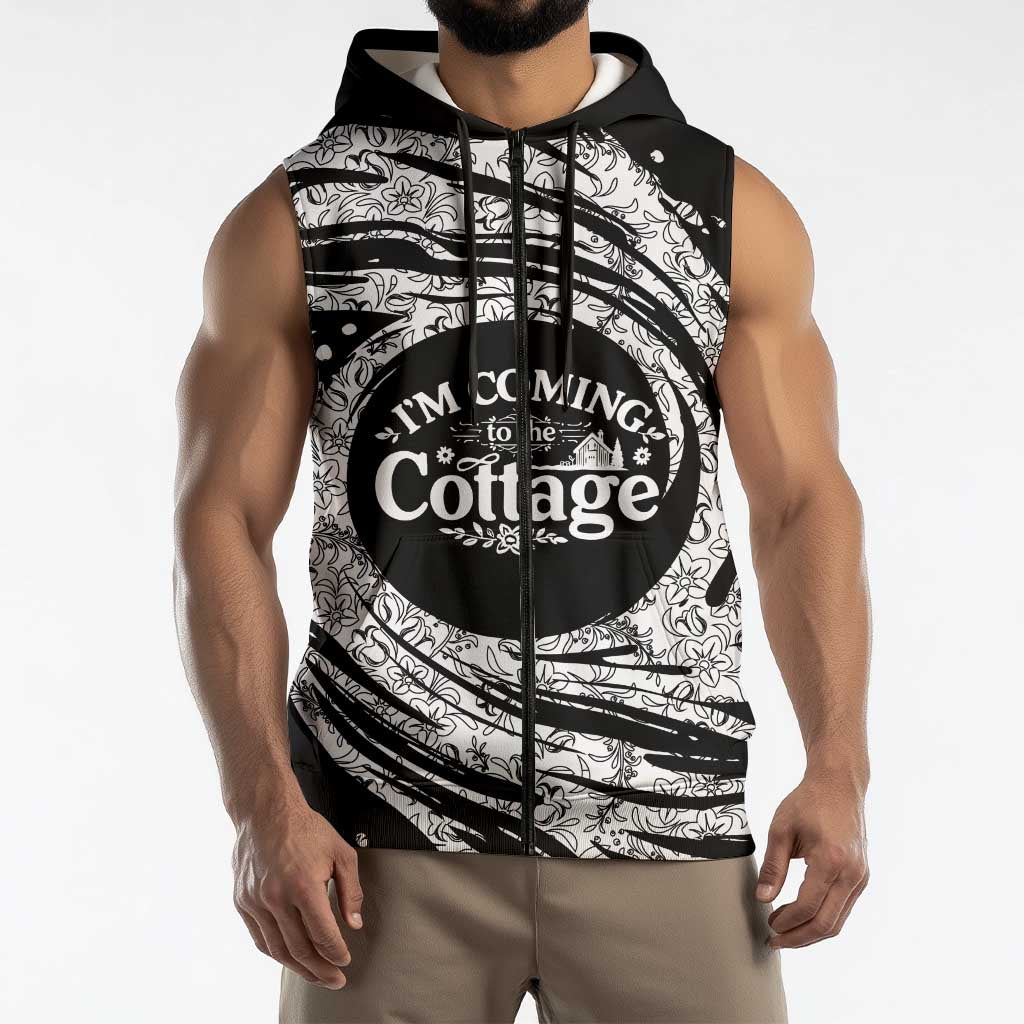 I'm Coming to the Cottage Sleeveless Zip Hoodie with Hand-Drawn Floral Pattern