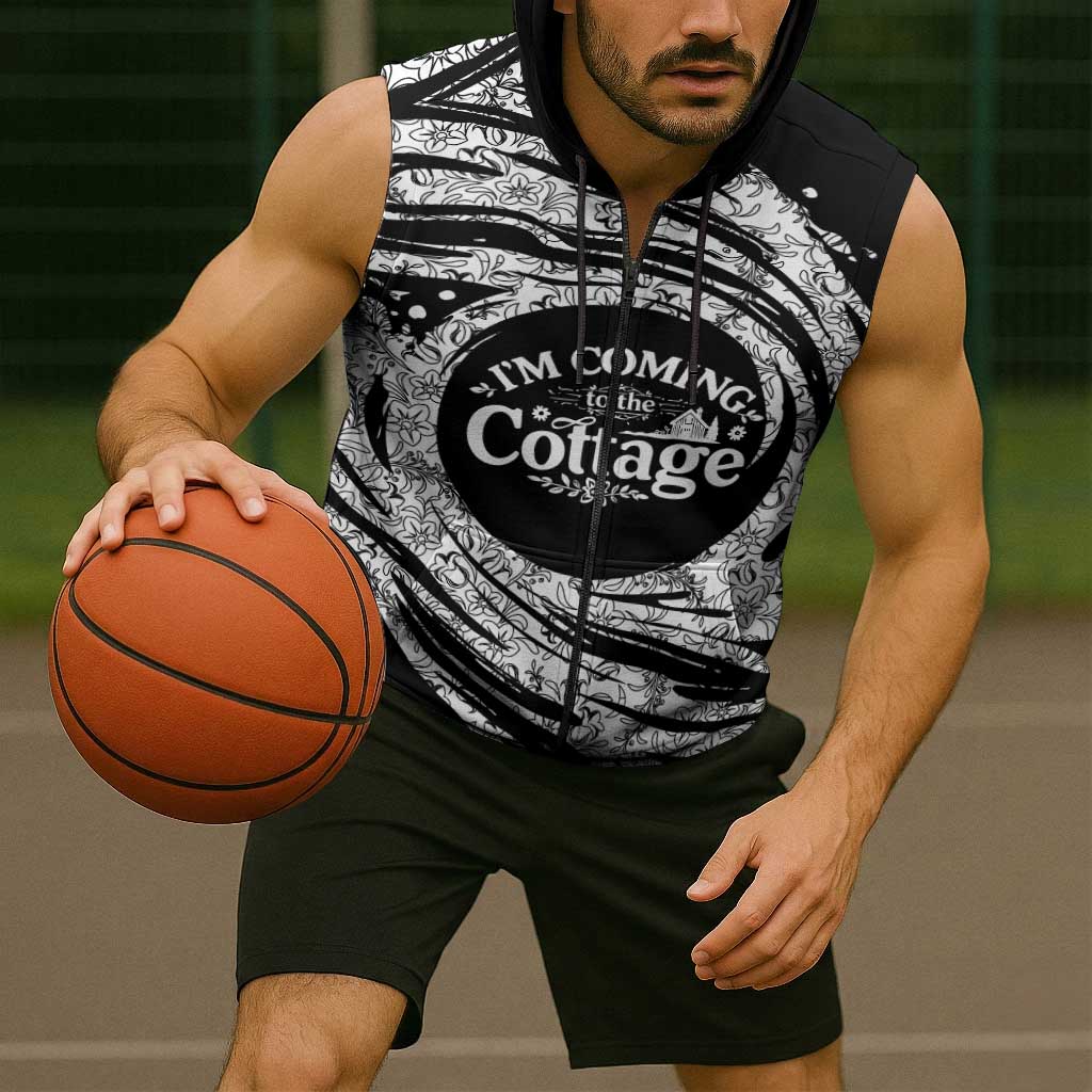 I'm Coming to the Cottage Sleeveless Zip Hoodie with Hand-Drawn Floral Pattern