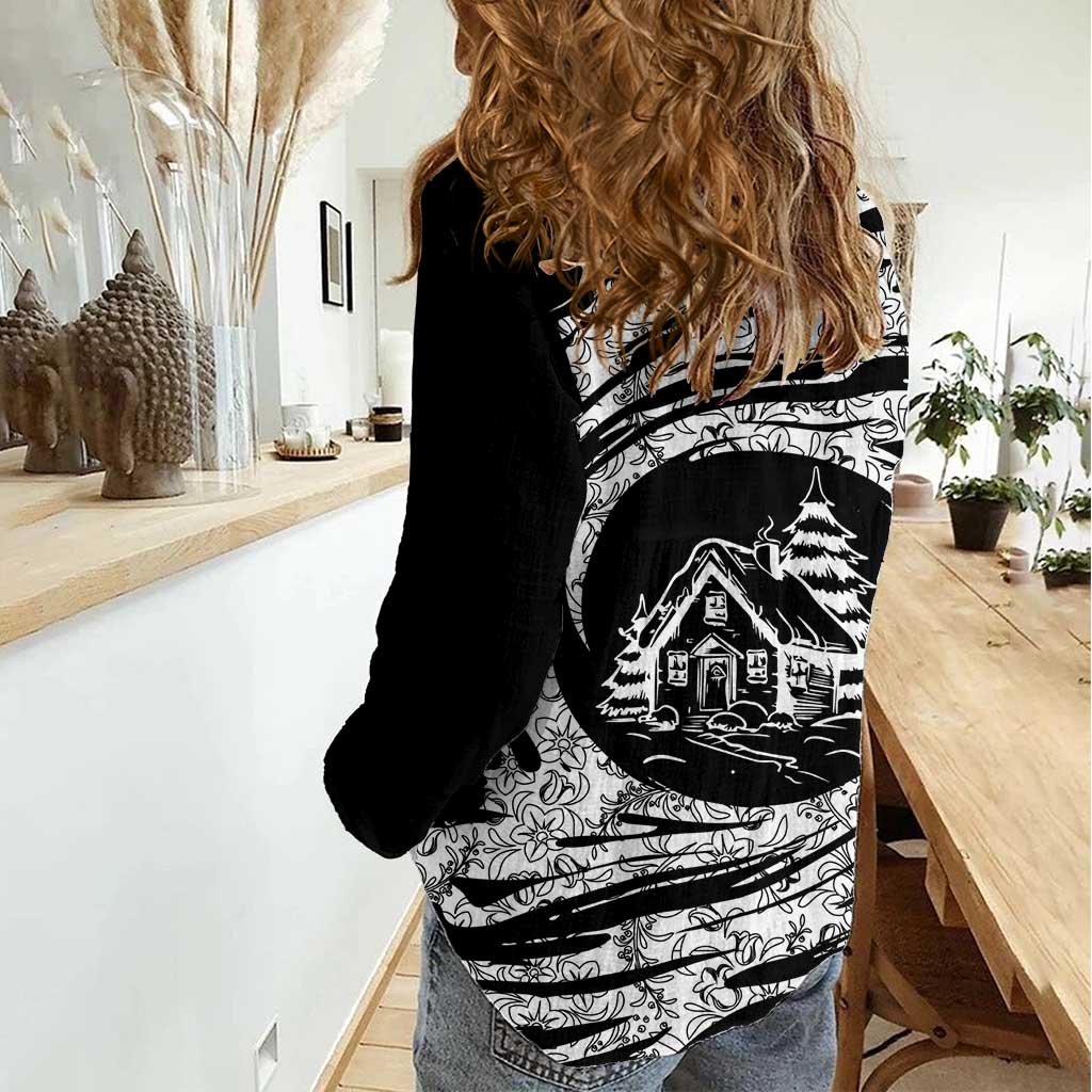 I'm Coming to the Cottage Women Casual Shirt with Hand-Drawn Floral Pattern