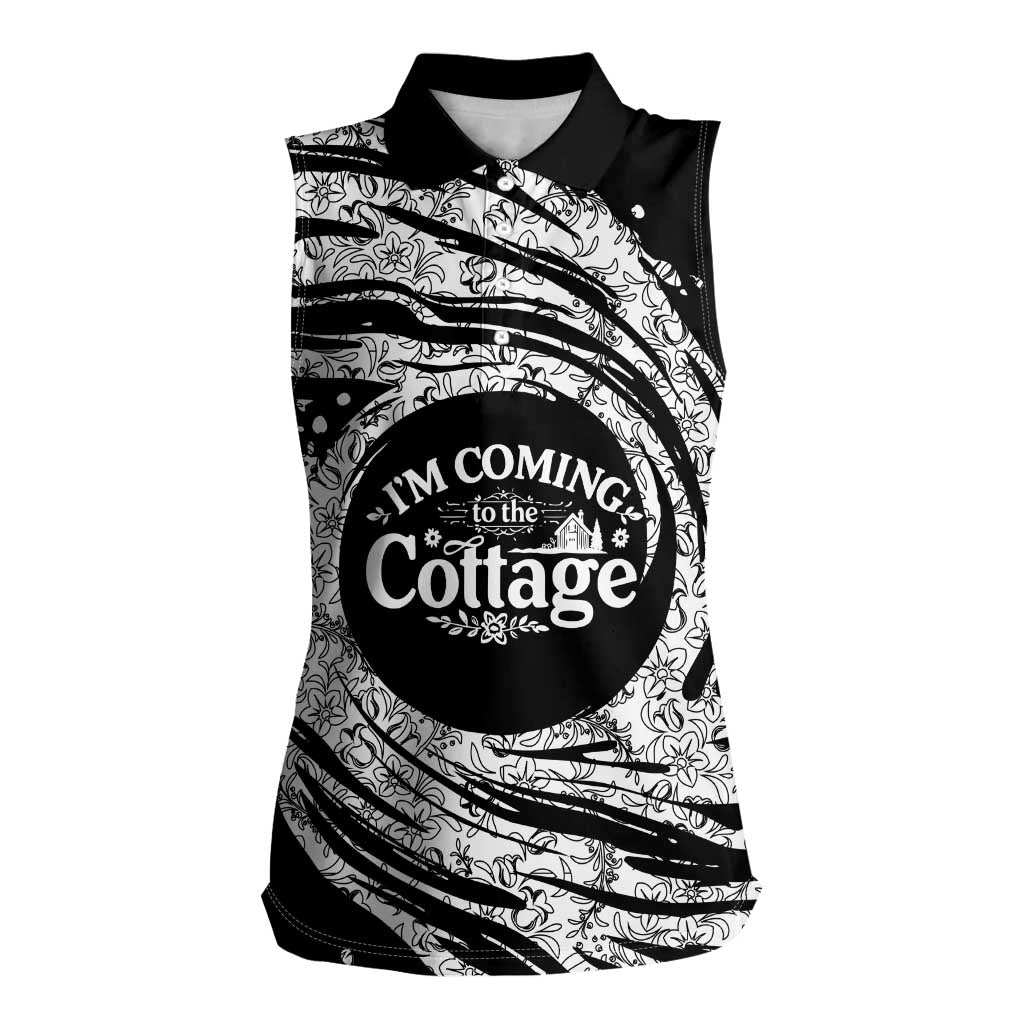 I'm Coming to the Cottage Women Sleeveless Polo Shirt with Hand-Drawn Floral Pattern