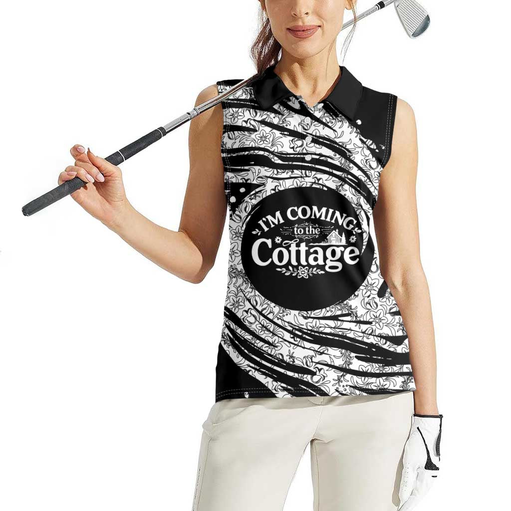 I'm Coming to the Cottage Women Sleeveless Polo Shirt with Hand-Drawn Floral Pattern