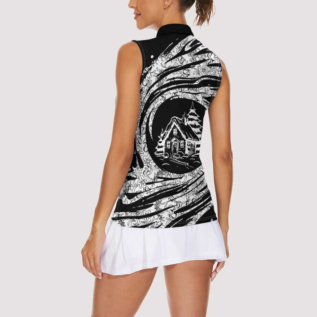 I'm Coming to the Cottage Women Sleeveless Polo Shirt with Hand-Drawn Floral Pattern