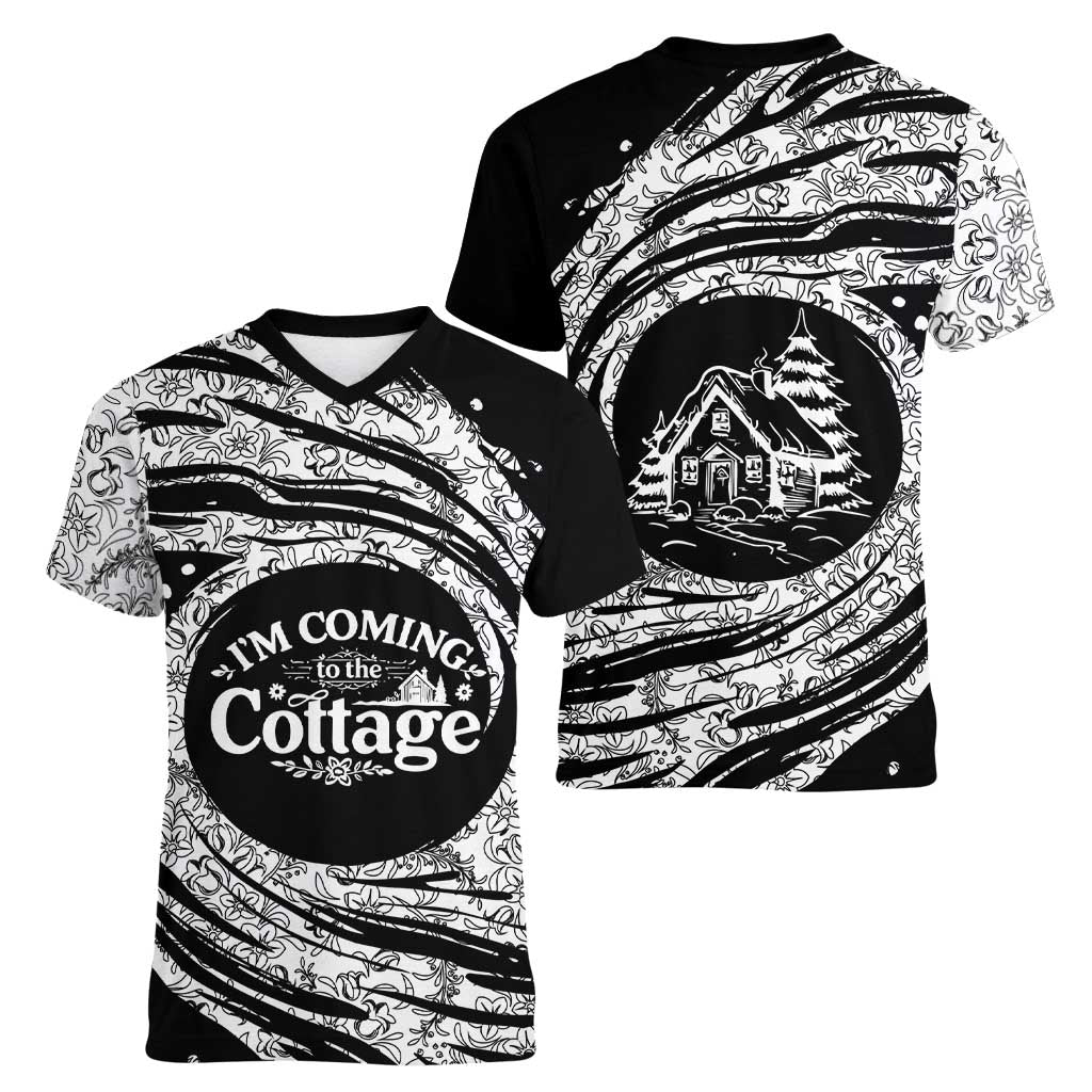 I'm Coming to the Cottage Women V-Neck T-Shirt with Hand-Drawn Floral Pattern