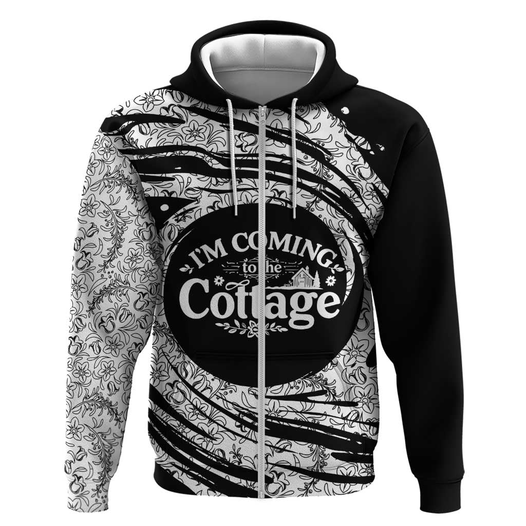 I'm Coming to the Cottage Zip Hoodie with Hand-Drawn Floral Pattern