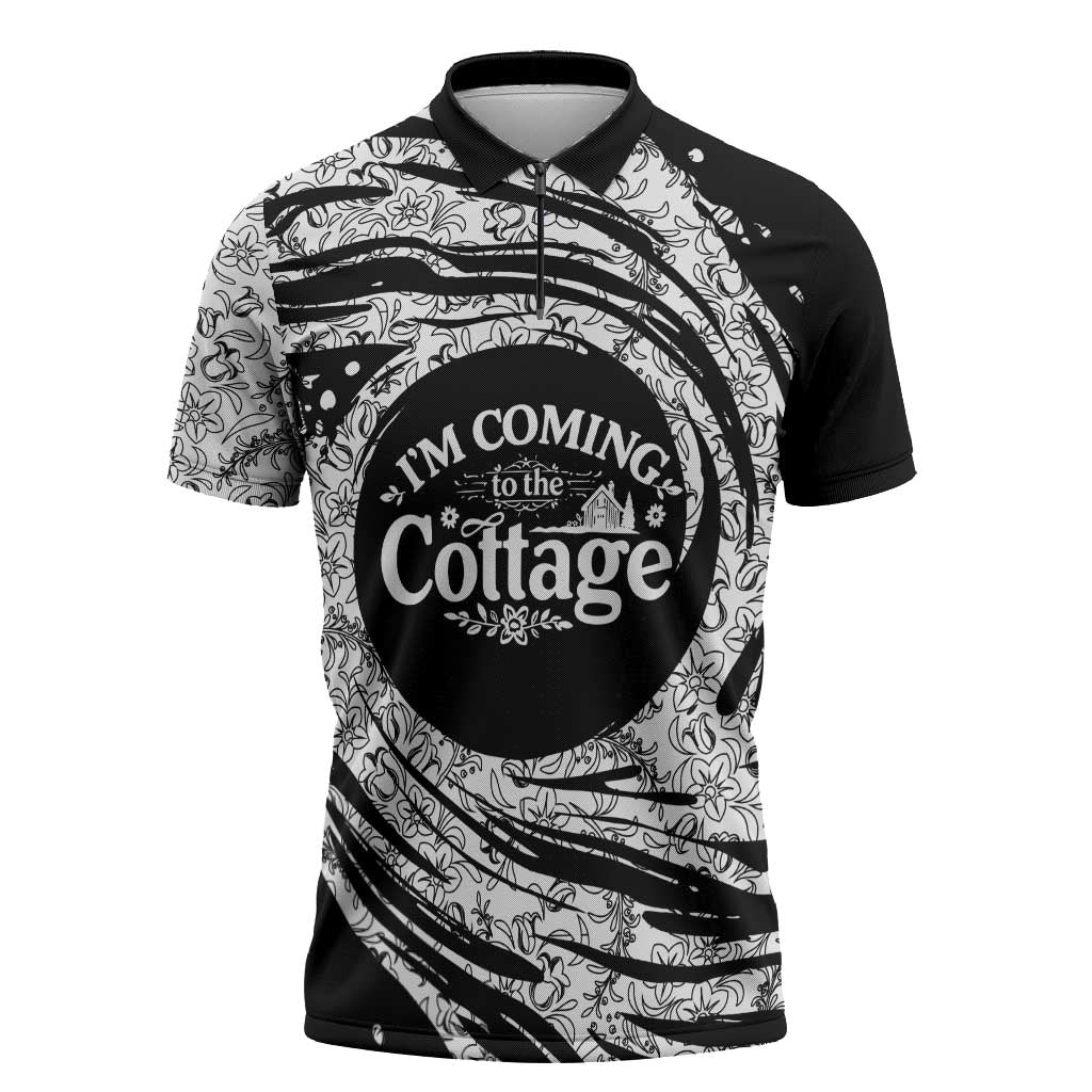 I'm Coming to the Cottage Zipper Polo Shirt with Hand-Drawn Floral Pattern
