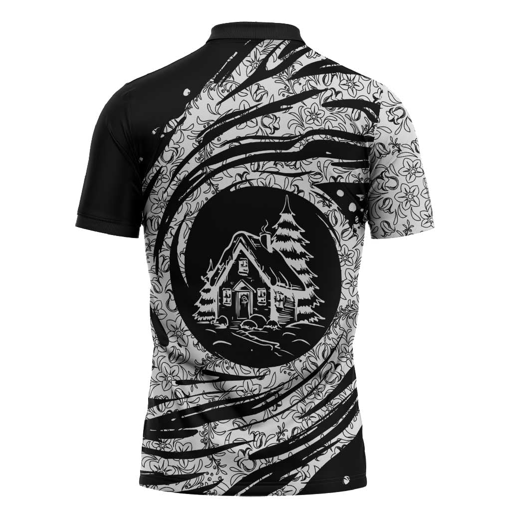 I'm Coming to the Cottage Zipper Polo Shirt with Hand-Drawn Floral Pattern