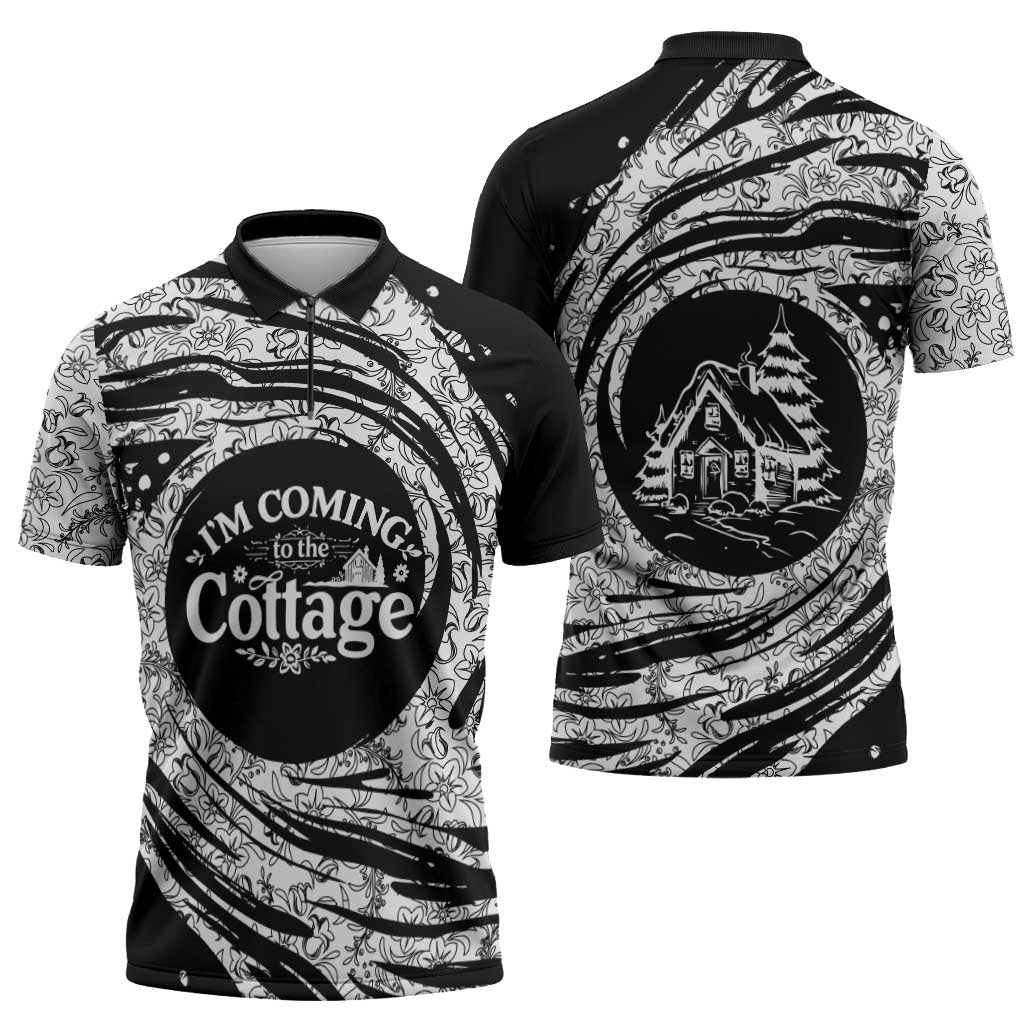 I'm Coming to the Cottage Zipper Polo Shirt with Hand-Drawn Floral Pattern