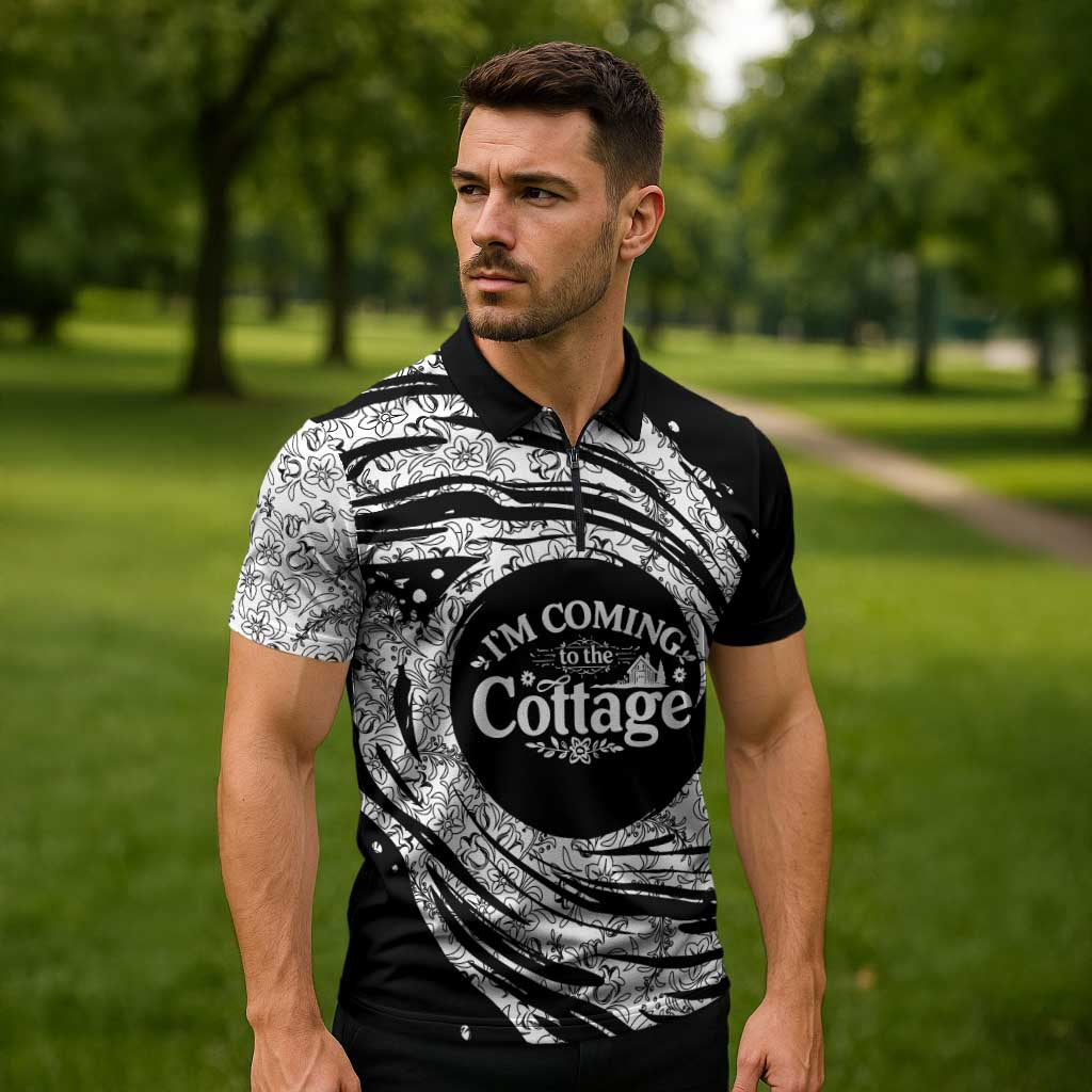 I'm Coming to the Cottage Zipper Polo Shirt with Hand-Drawn Floral Pattern