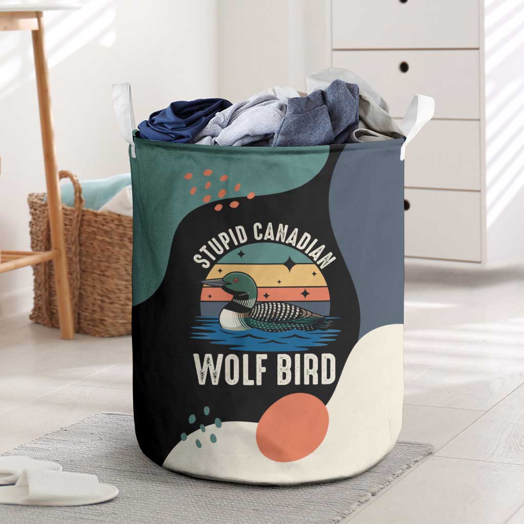 Stupid Canadian Wolf Bird Laundry Basket with Retro Sunset Stripe Pattern