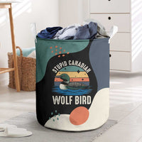Stupid Canadian Wolf Bird Laundry Basket with Retro Sunset Stripe Pattern