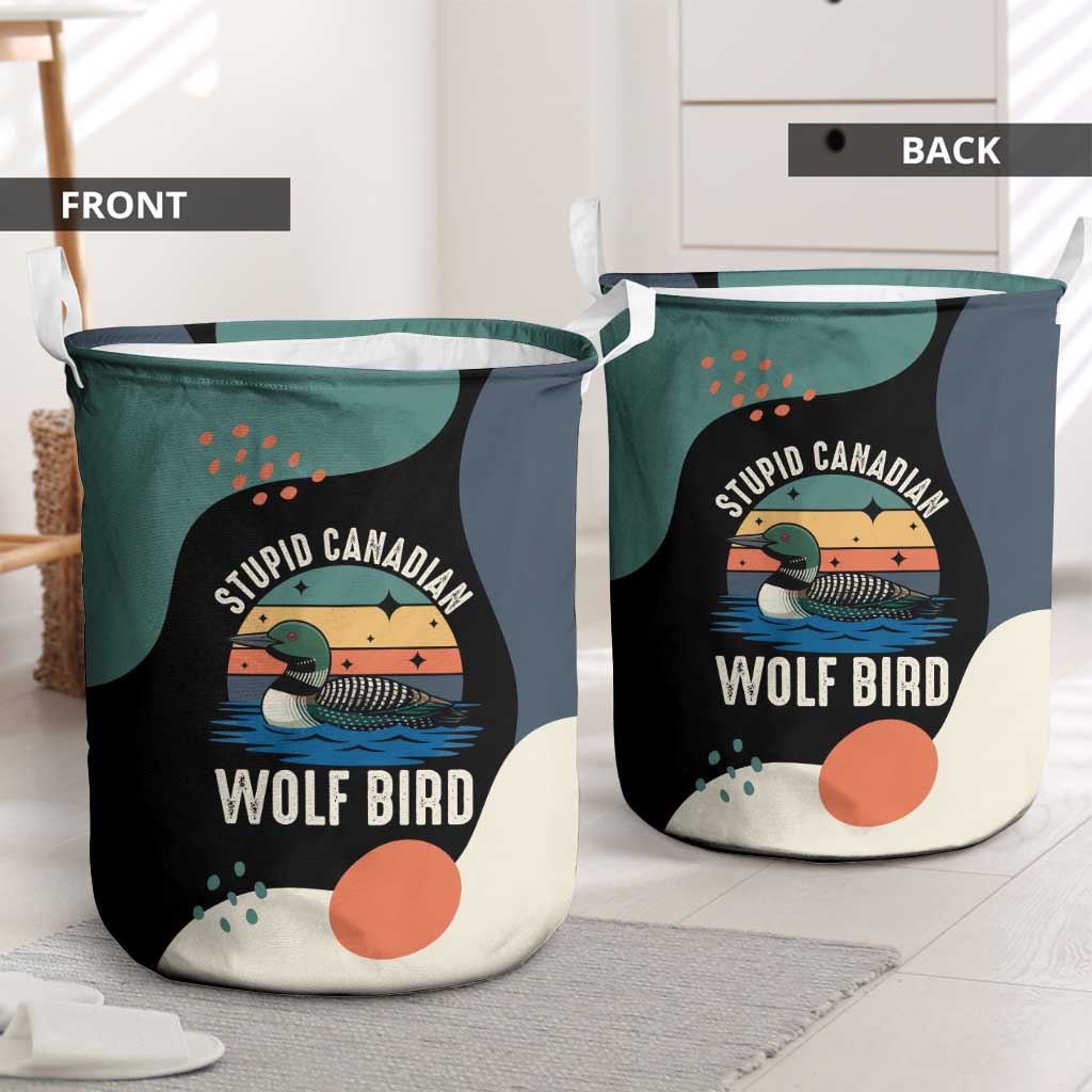 Stupid Canadian Wolf Bird Laundry Basket with Retro Sunset Stripe Pattern