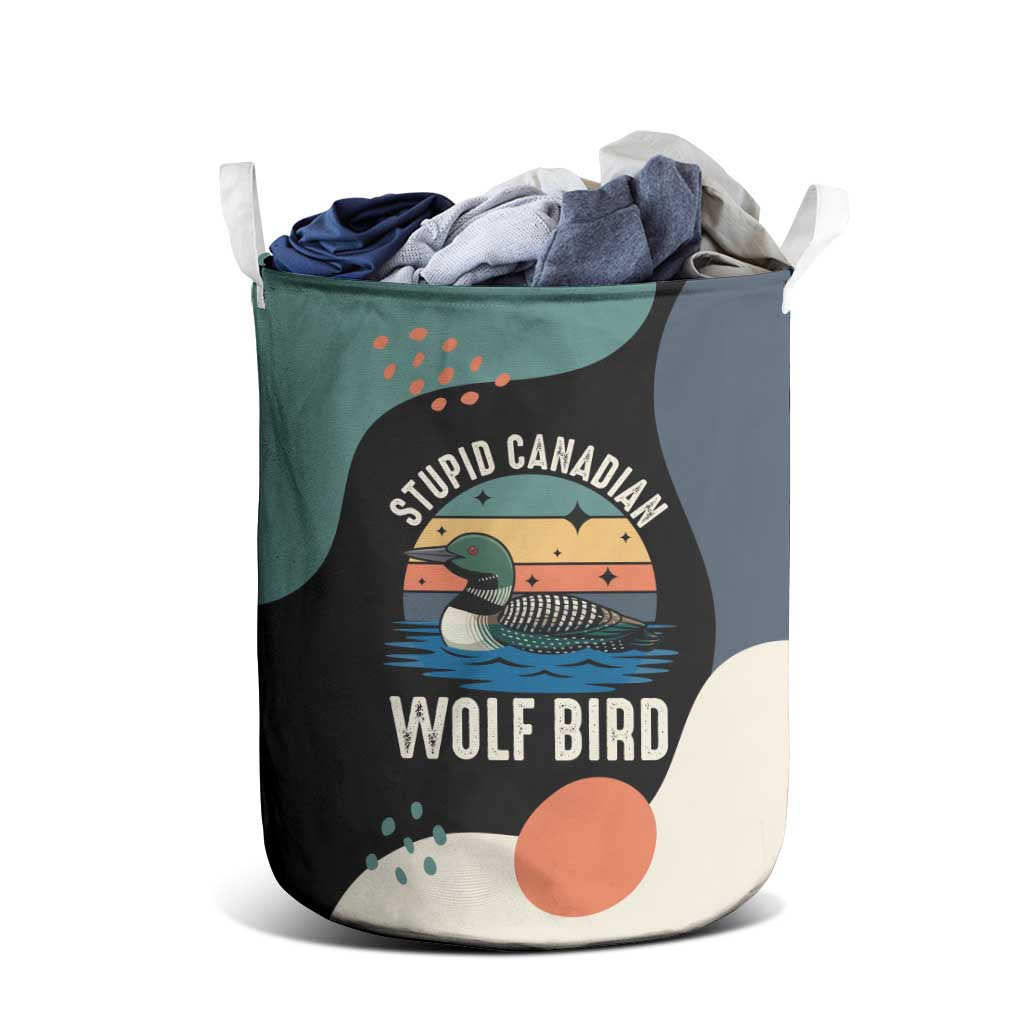 Stupid Canadian Wolf Bird Laundry Basket with Retro Sunset Stripe Pattern