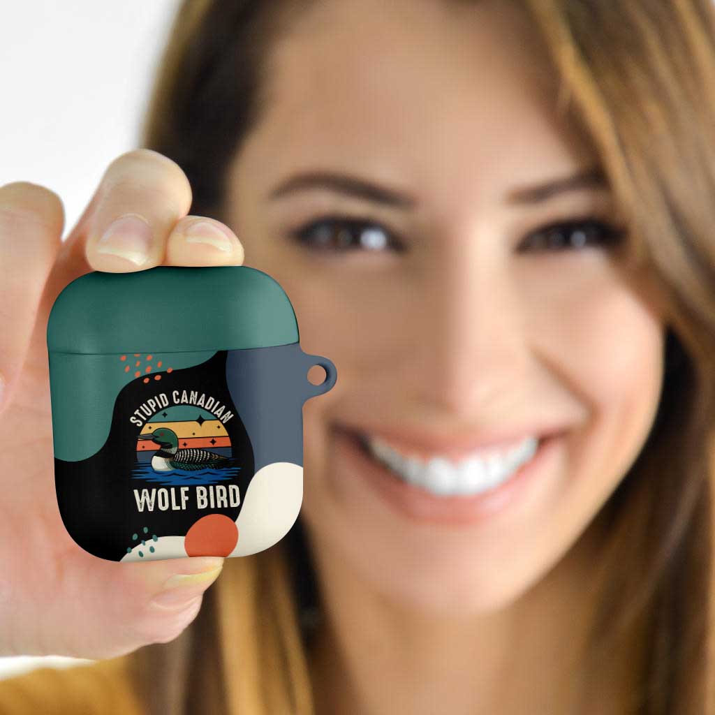 Stupid Canadian Wolf Bird AirPods Case with Retro Sunset Stripe Pattern