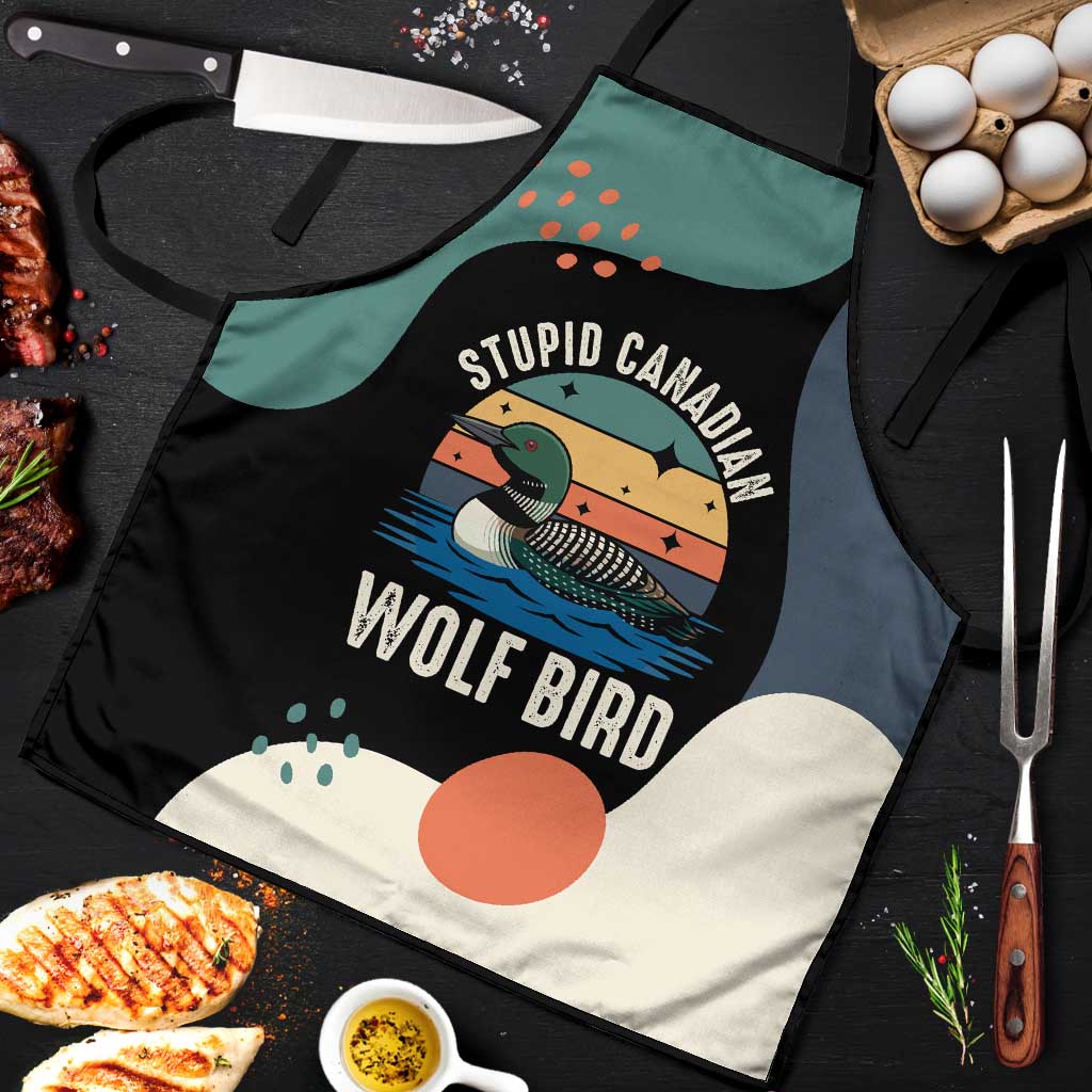 Stupid Canadian Wolf Bird Apron with Retro Sunset Stripe Pattern