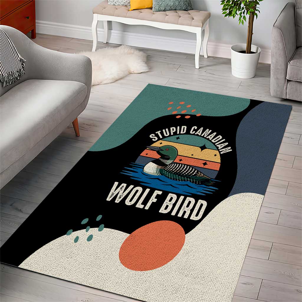 Stupid Canadian Wolf Bird Area Rug with Retro Sunset Stripe Pattern