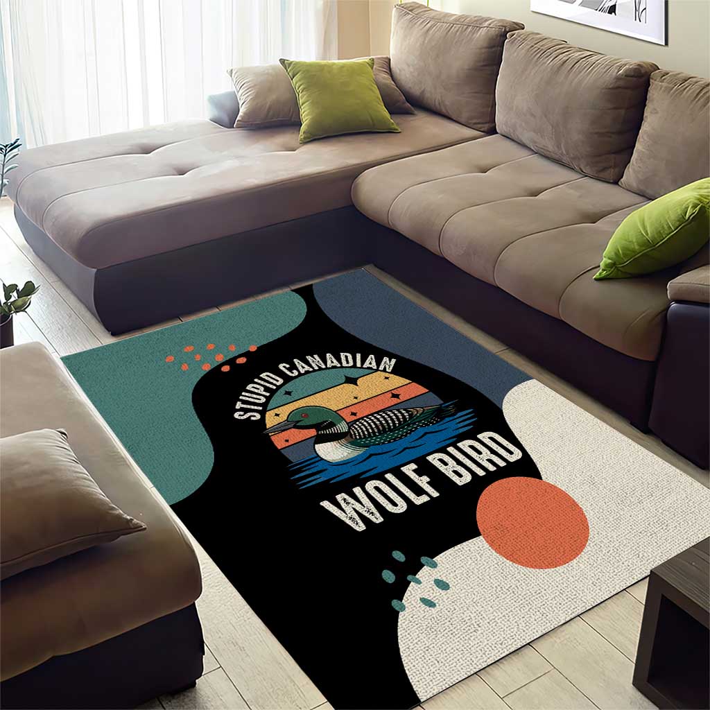 Stupid Canadian Wolf Bird Area Rug with Retro Sunset Stripe Pattern