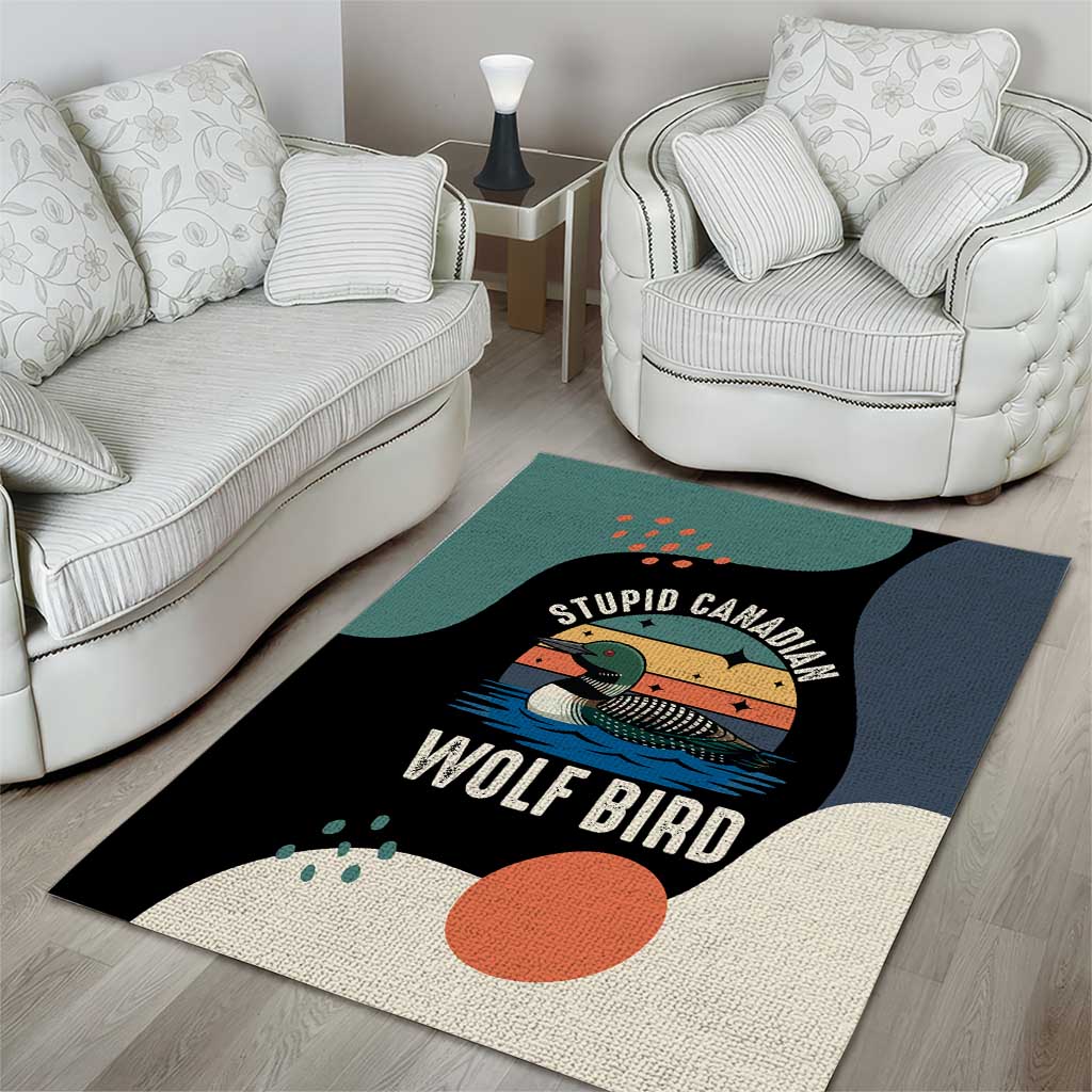 Stupid Canadian Wolf Bird Area Rug with Retro Sunset Stripe Pattern