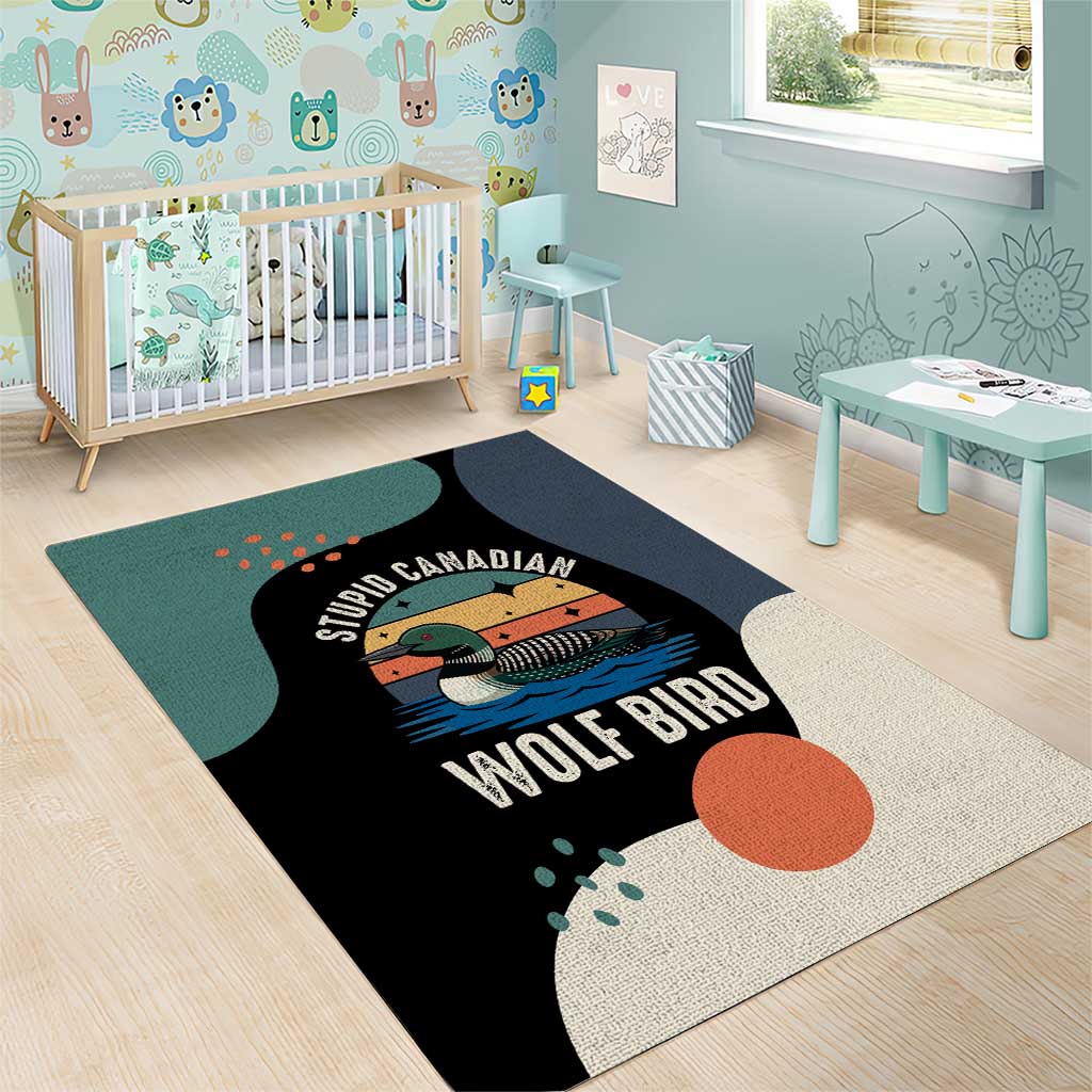 Stupid Canadian Wolf Bird Area Rug with Retro Sunset Stripe Pattern