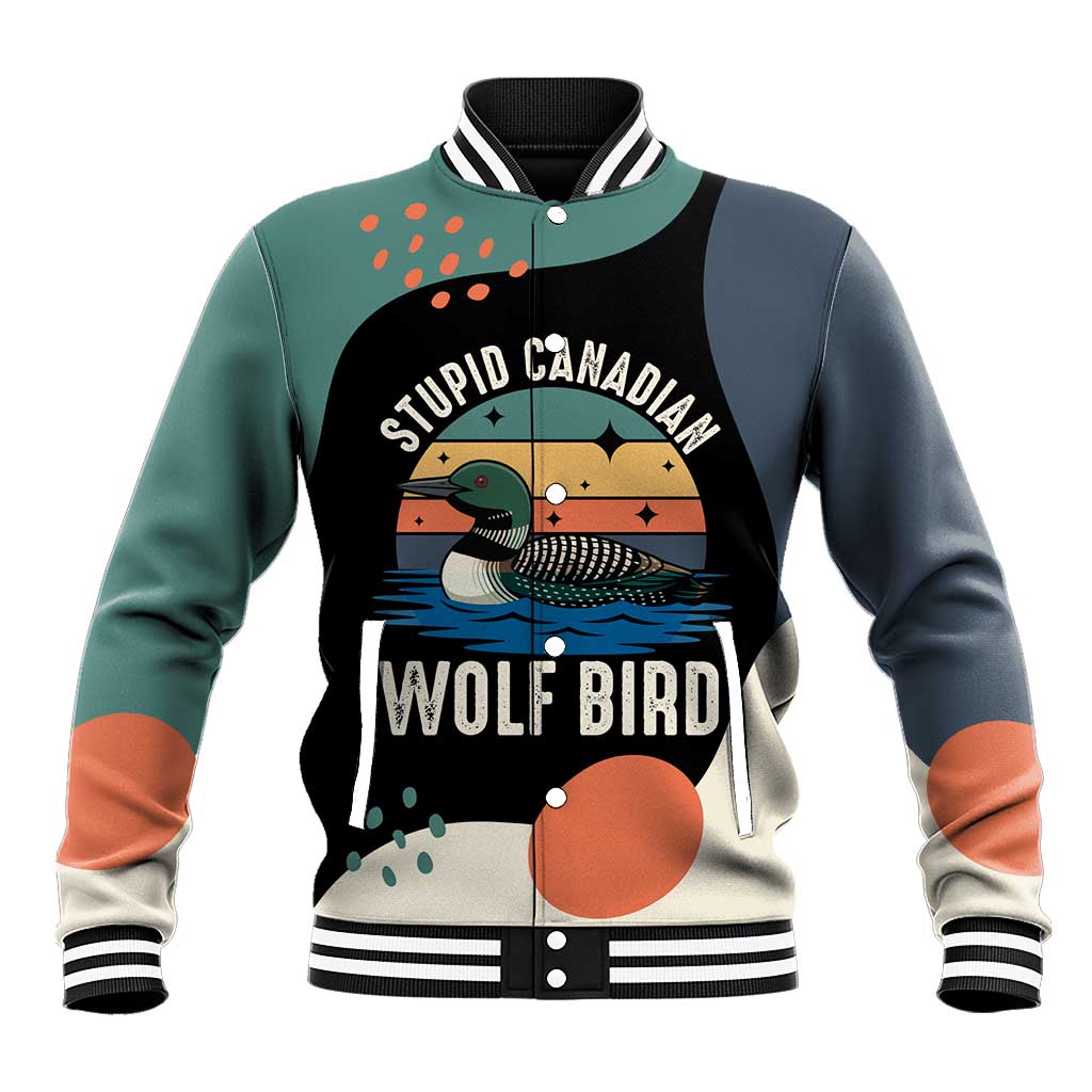 Stupid Canadian Wolf Bird Baseball Jacket with Retro Sunset Stripe Pattern