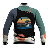 Stupid Canadian Wolf Bird Baseball Jacket with Retro Sunset Stripe Pattern
