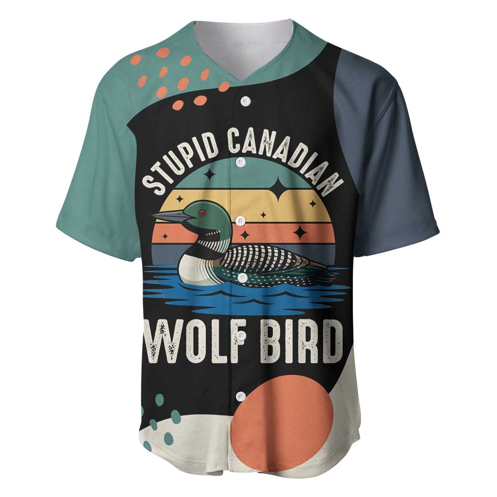 Stupid Canadian Wolf Bird Baseball Jersey with Retro Sunset Stripe Pattern