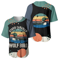 Stupid Canadian Wolf Bird Baseball Jersey with Retro Sunset Stripe Pattern