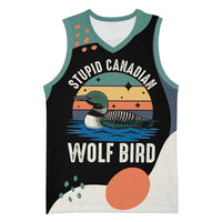 Stupid Canadian Wolf Bird Basketball Jersey with Retro Sunset Stripe Pattern