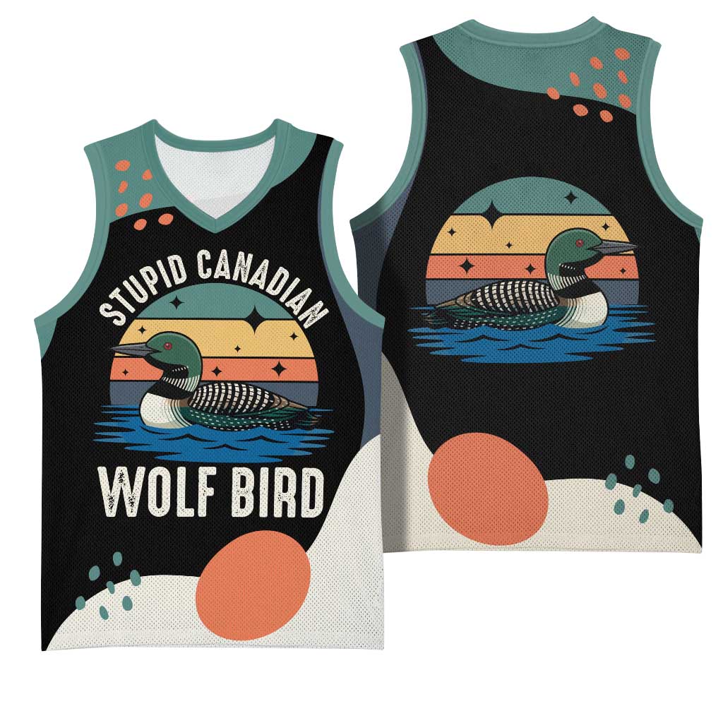 Stupid Canadian Wolf Bird Basketball Jersey with Retro Sunset Stripe Pattern