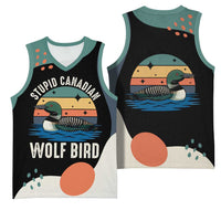 Stupid Canadian Wolf Bird Basketball Jersey with Retro Sunset Stripe Pattern