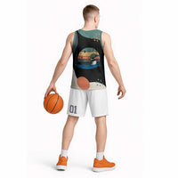 Stupid Canadian Wolf Bird Basketball Jersey with Retro Sunset Stripe Pattern